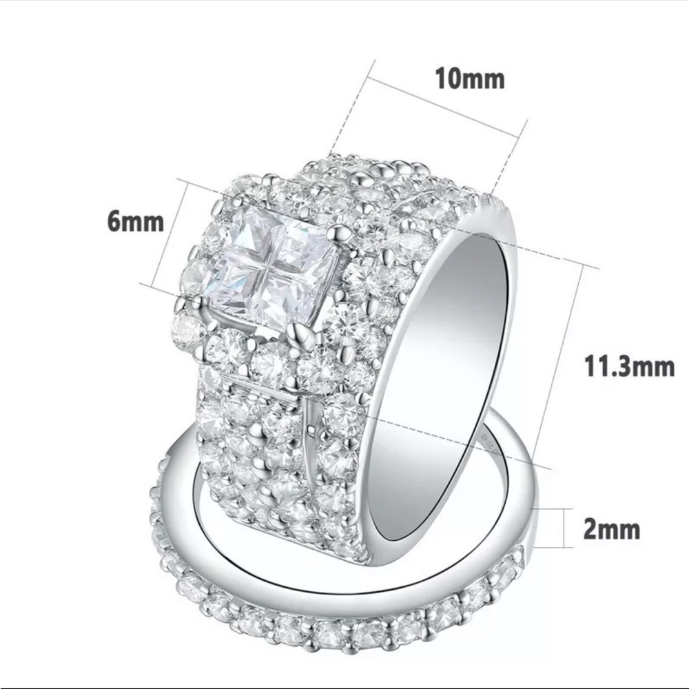 New 925 Silver 2 Pc Set Wedding Engagement Diamond Ring - Picture 5 of 6